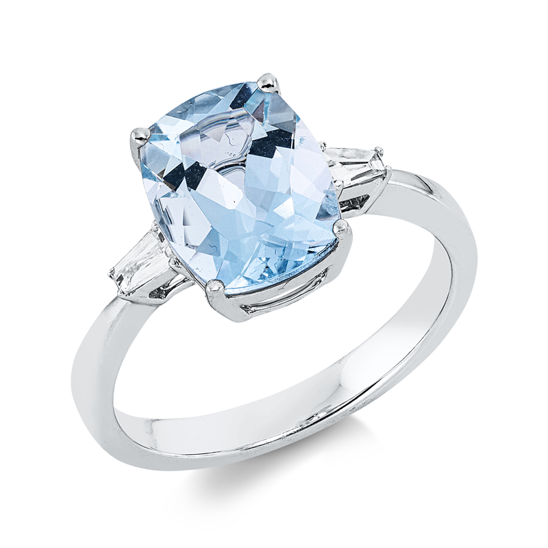 Image 90002400 - Ring 4er-Krappe 18 kt WG, 2 Trapeze 0,12 ct, TW-si, 1 Aquamarin 2,39 ct blau, ...