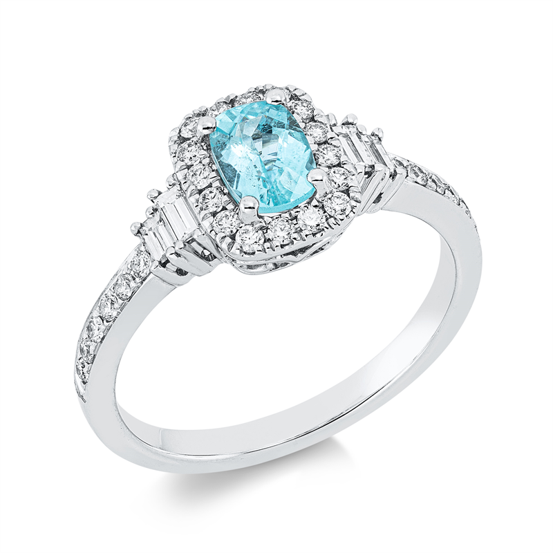 Image 90002557 - Ring 18 kt WG, 4 Baguette 0,15 ct, TW-si, 29 Brillanten 0,26 ct, TW-si, 1 Paraiba 0,76 ct ...