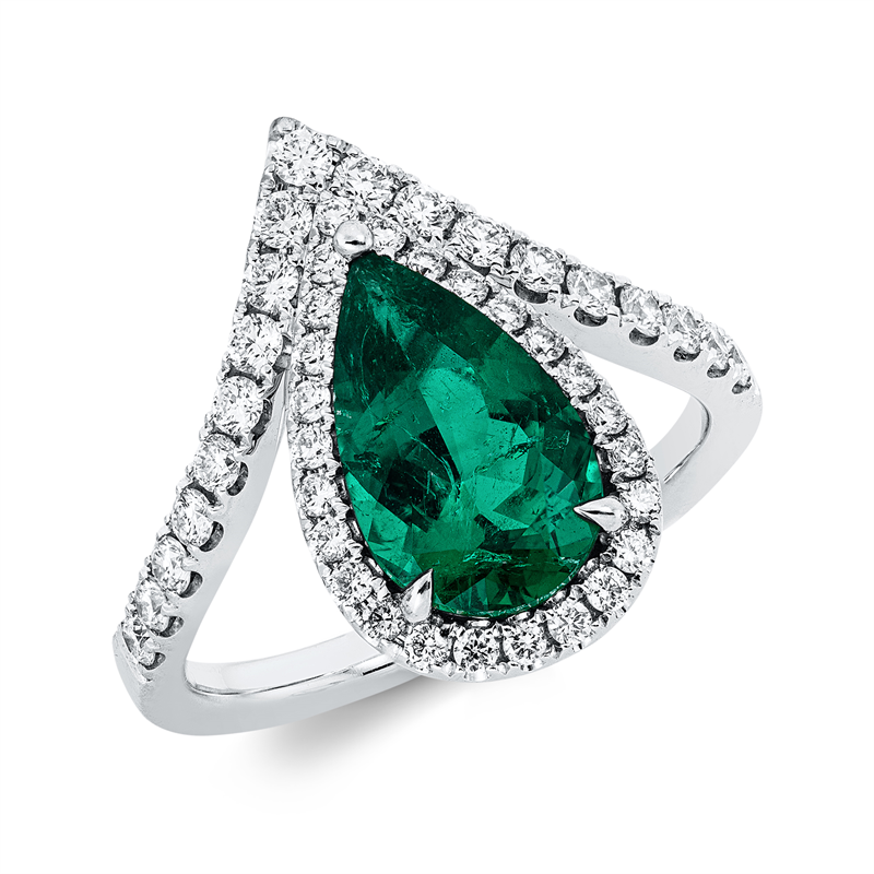 Image 90002567 - Ring 18 kt WG, 44 Brillanten 0,53 ct, F-vvs/vs, 1 Smaragd 1,67 ct grün, ...