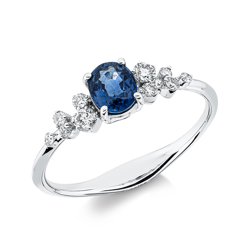 Image 90002586 - Ring 18 kt WG, 10 Brillanten 0,17 ct, I-si, 1 Saphir 0,56 ct blau, ...
