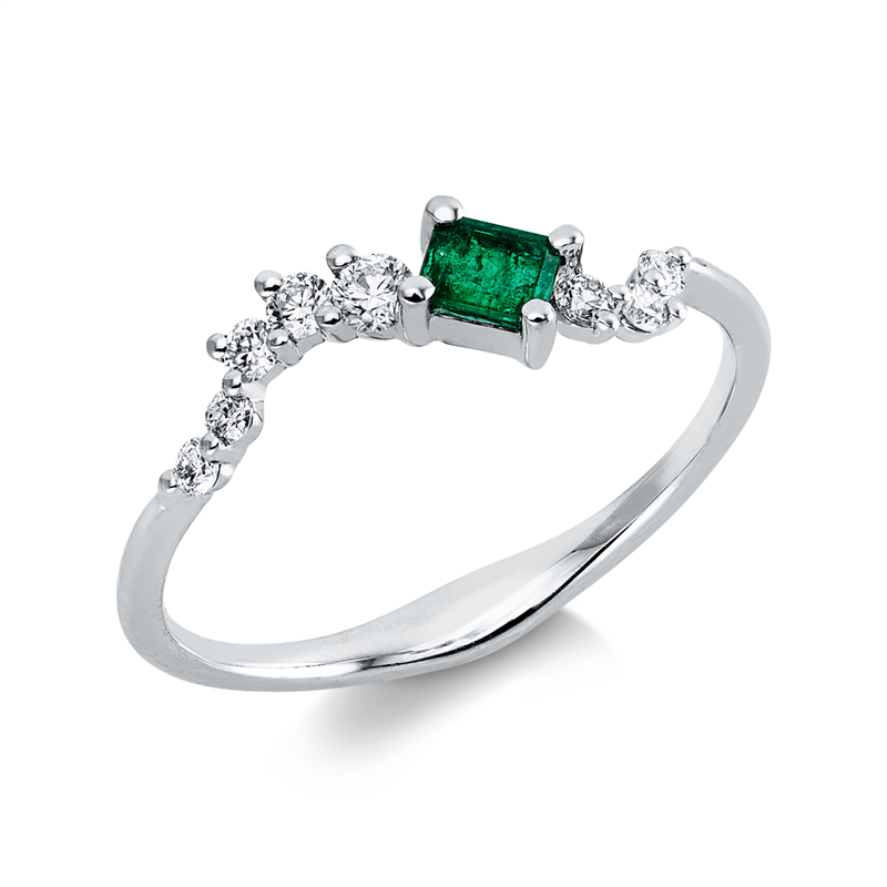 Image 90002588 - Ring 18 kt WG, 8 Brillanten 0,19 ct, TW-si/pi, 1 Smaragd 0,16 ct grün, ...
