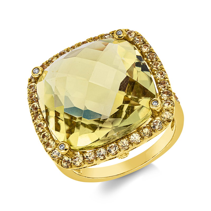 Image 90002595 - Ring 18 kt GG, 6 Brillanten 0,02 ct, I-pi, 1 Lemonquarz 18,01 ct grün, 44 Saphire 0,99 ...