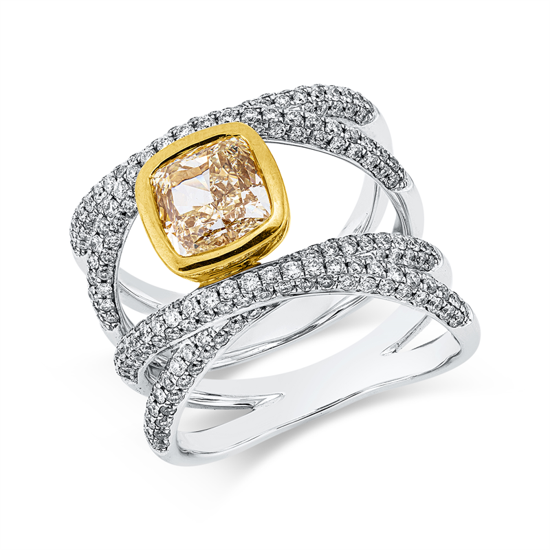 Image 90002597 - Ring Zarge 18 kt WG GG, GIA 7212644389, 1 Cushion 2,02 ct, gelb-vs1, 238 Brillanten 1,02 ...