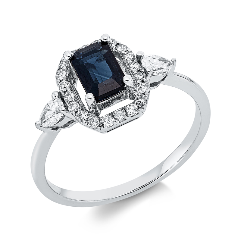 Image 90002600 - Ring 18 kt WG, 2 Tropfen 0,18 ct, TW-si, 20 Brillanten 0,15 ct, TW-pi, 1 Saphir 0,62 ct ...