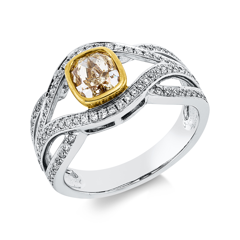 Image 90002601 - Ring 18 kt WG GG, GIA 5172359278, 1 Cushion 1,00 ct, gelb-vs1, 88 Brillanten 0,34 ct, ...