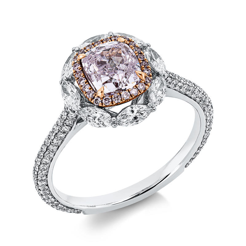 Image 90002602 - Ring 18 kt WG RG, GIA 2185113378, 8 Navette 0,39 ct, F-vsi, 128 Brillanten 0,34 ct, ...