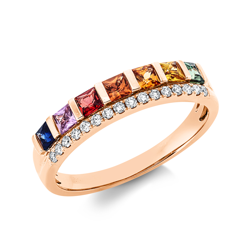 Image Ring 18 kt RG, 16 Brillanten 0,12 ct, TW, 7 Saphire 0,74 ct multicolor, Weite:54