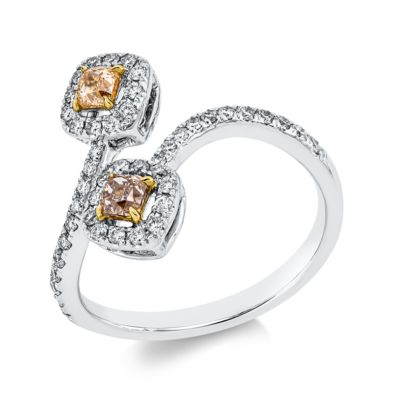 Image Ring 18 kt WG GG, 46 Brillanten 0,34 ct, TW-si, 1 Cushion 0,17 ct, braun, 1 Cushion 0,16 ...