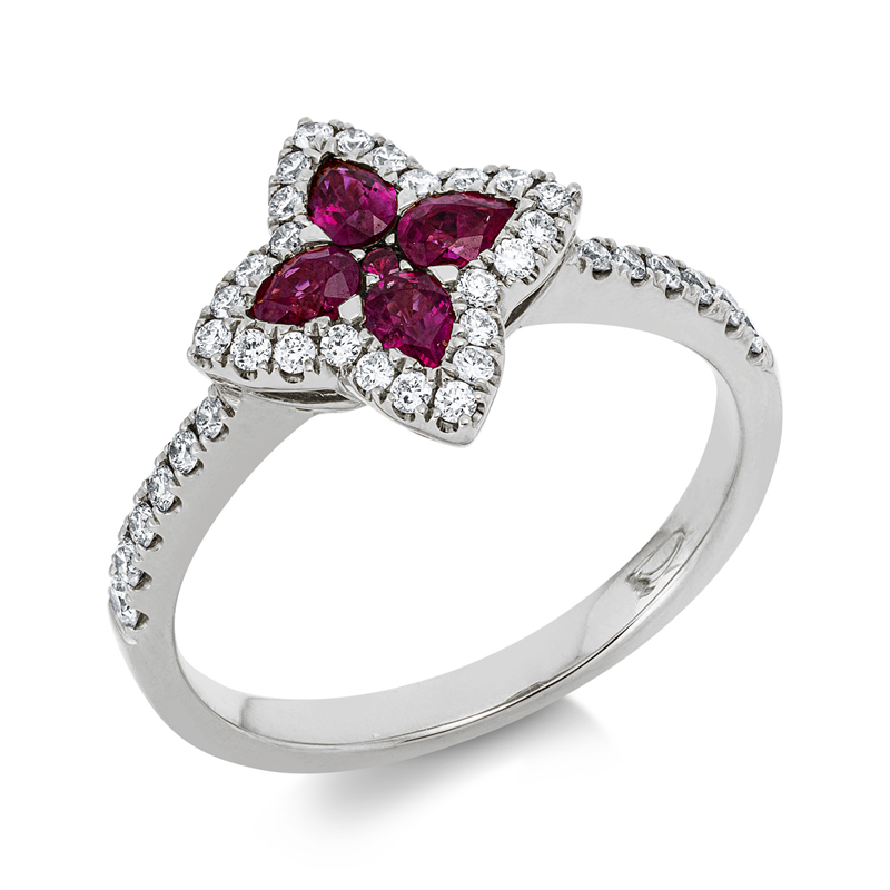 Image Ring 18 kt WG, 36 Brillanten 0,28 ct, TW-si, 1 Rubin 0,01 ct rot, 4 Rubine 0,45 ct rot, ...