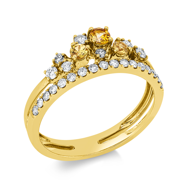Image 90002531 - Ring 14 kt GG, 24 Brillanten 0,35 ct, W-si/pi, 1 Saphir 0,13 ct gelb, 2 Saphire 0,16 ct ...