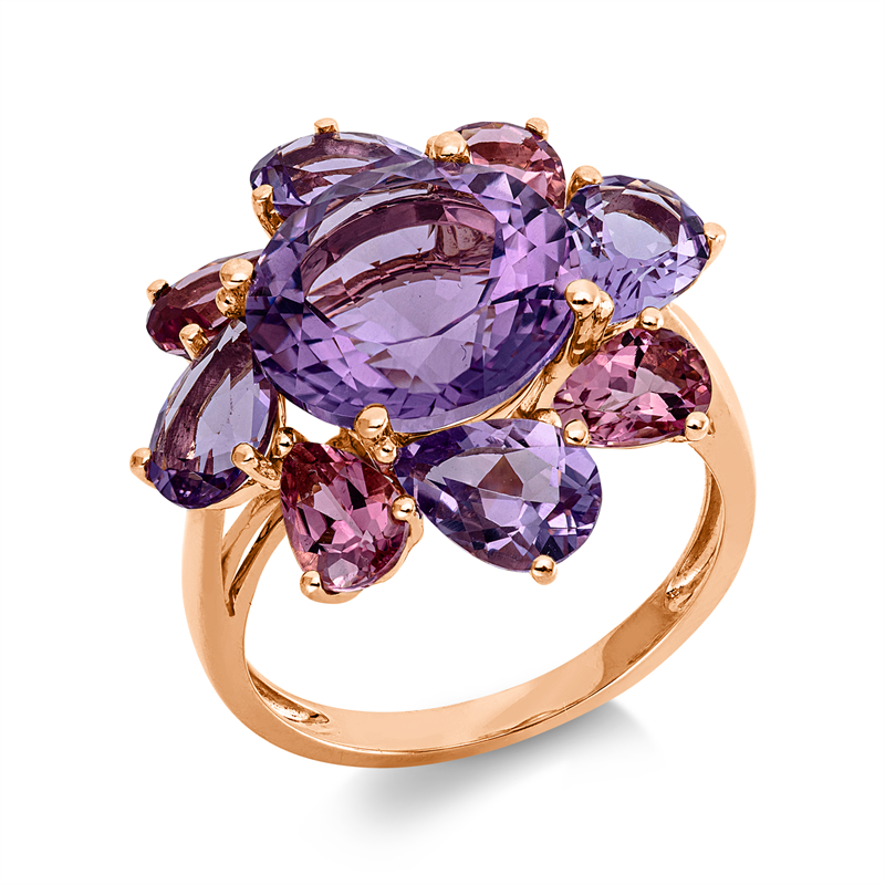 Image 90002546 - Ring 18 kt RG, 4 Amethyste 2,50 ct pink, 1 Amethyst 4,90 ct pink, 4 Turmalin 1,60 ct ...