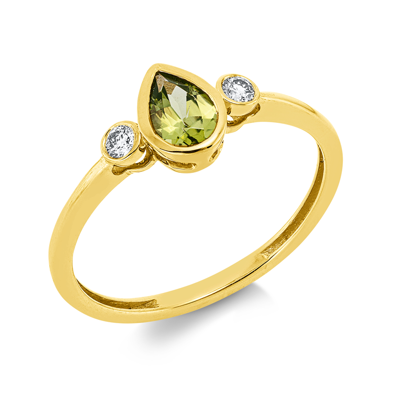 Image Ring 18 kt GG, 2 Brillanten 0,07 ct, TW-si, 1 Peridot 0,43 ct grün, H:10,0 mm, B:6,9 mm, ...