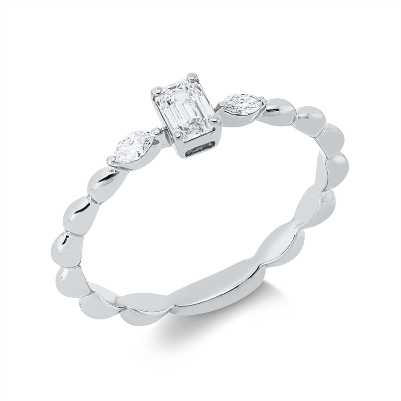 Image Ring 18 kt WG, 1 Sm.schliff 0,27 ct, TW-si, 2 Navette 0,07 ct, TW-si, B:4,4 mm, Weite:54