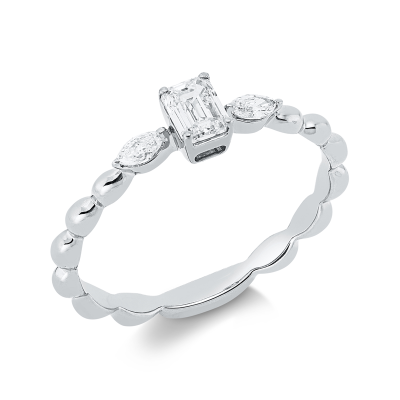 Image Ring 18 kt WG, 1 Sm.schliff 0,31 ct, TW-si, 2 Navette 0,10 ct, TW-si, B:4,5 mm, Weite:53