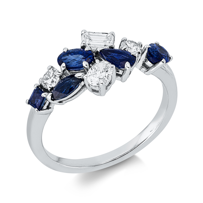 Image 90002685 - Ring 18 kt WG, 2 Fant-Schl. 0,36 ct, TW-si, 2 Brillanten 0,18 ct, TW-si, 5 Saphire 1,15 ...