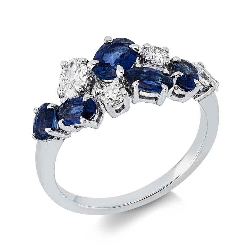 Image 90002686 - Ring 18 kt WG, 2 Oval 0,30 ct, TW-si, 2 Brillanten 0,18 ct, TW-si, 5 Saphire 1,68 ct ...