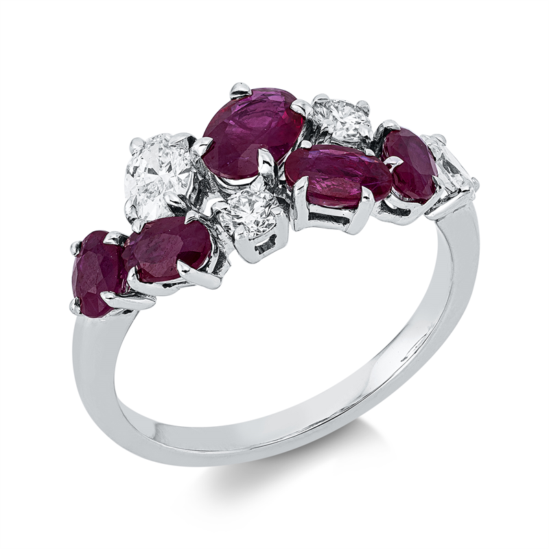 Image 90002687 - Ring 18 kt WG, 2 Oval 0,33 ct, TW-si, 2 Brillanten 0,18 ct, TW-si, 5 Rubine 1,68 ct rot, ...