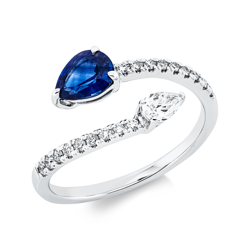 Image 90002688 - Ring 18 kt WG, 1 Tropfen 0,19 ct, TW-si, 18 Brillanten 0,16 ct, TW-si, 1 Saphir 0,78 ct ...