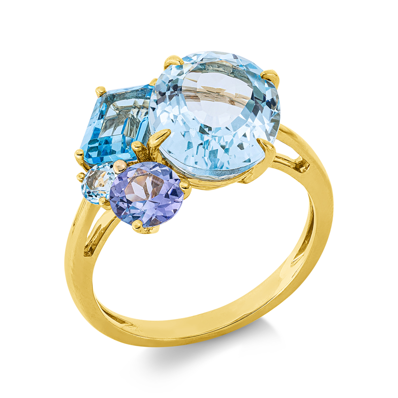 Image 90002702 - Ring 18 kt GG, 1 Topas 0,20 ct sky blue, 1 Tansanit 0,60 ct blau, 1 Topas 1,20 ct sky ...