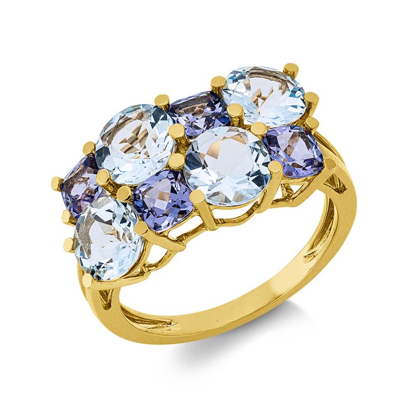 Image 90002758 - Ring 18 kt GG, 4 Tansanit 1,50 ct blau, 4 Topase 3,20 ct sky blue, H:19,8 mm, B:10,1 mm, ...