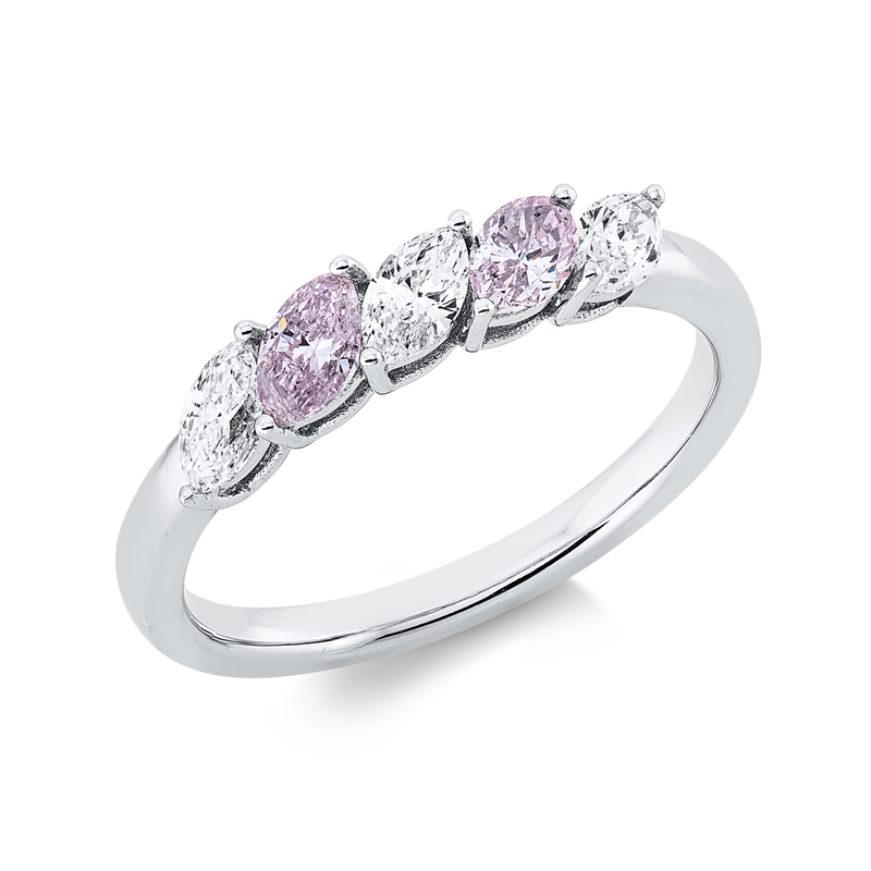 Image 90002761 - Ring 18 kt WG, 3 Navette 0,38 ct, TW-si, 2 Navette 0,37 ct, pink, ...