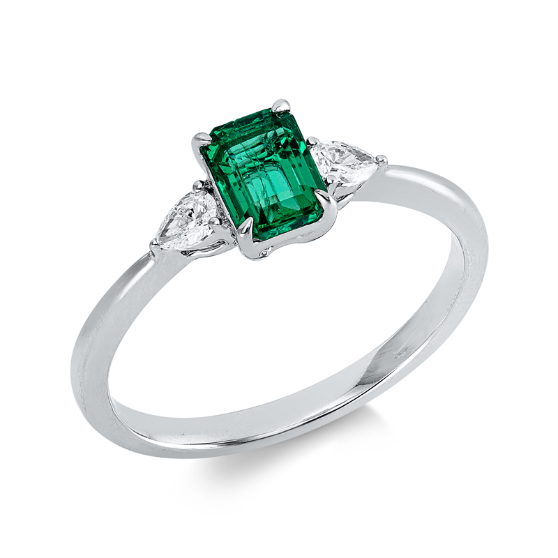Image 90002767 - Ring 18 kt WG, 2 Tropfen 0,16 ct, F-vsi, 1 Smaragd 0,62 ct grün, H:11,4 mm, B:6,2 mm, ...