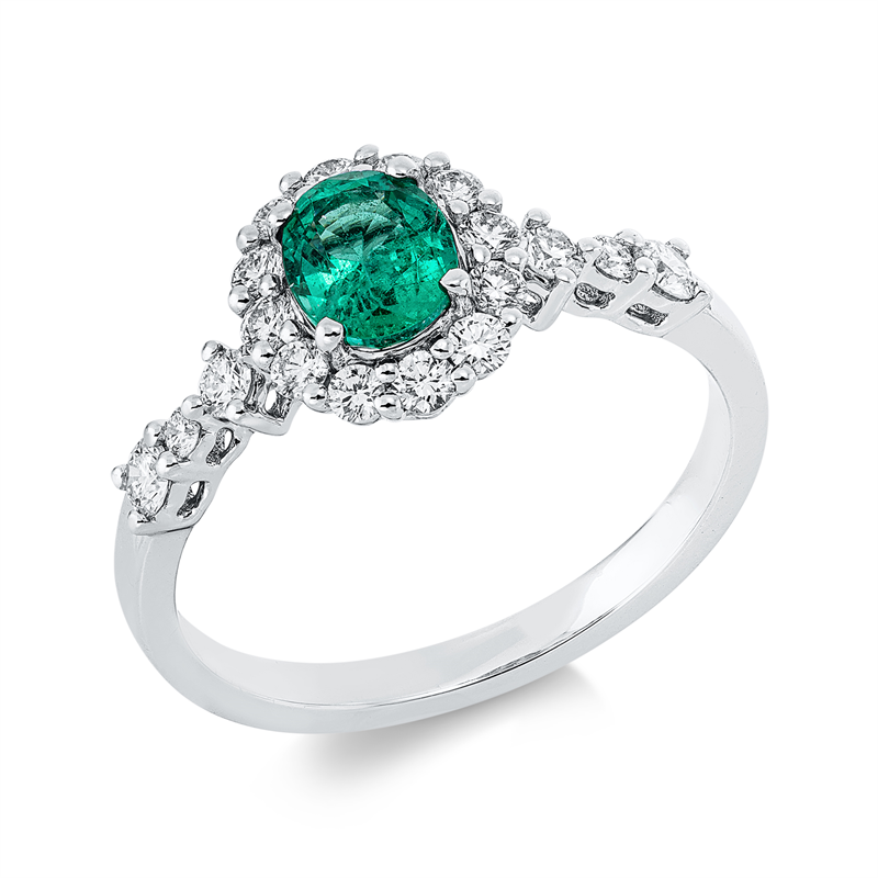 Image 90002768 - Ring 18 kt WG, 18 Brillanten 0,42 ct, TW-si, 1 Smaragd 0,59 ct grün, H:8,8 mm, B:9,3 mm, ...