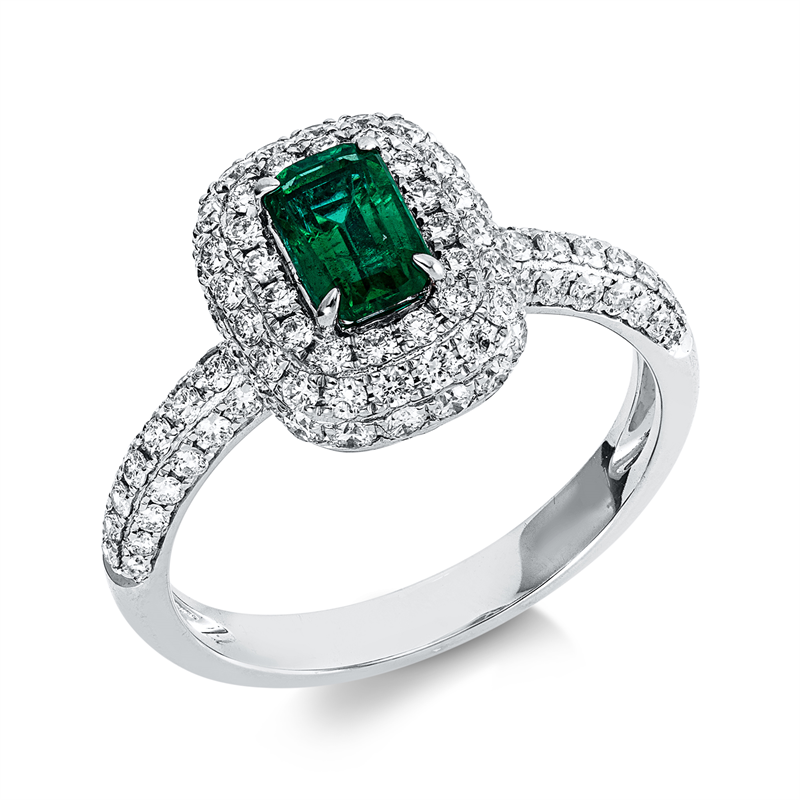 Image 90002769 - Ring 18 kt WG, 98 Brillanten 0,88 ct, TW-si, 1 Smaragd 0,59 ct grün, H:9,4 mm, B:11,4 ...