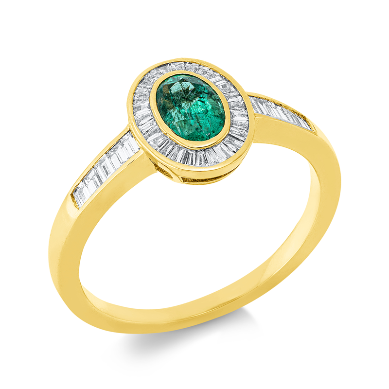 Image 90002771 - Ring 18 kt GG, 28 Trapeze 0,13 ct, TW-si, 10 Baguette 0,15 ct, TW-si, 1 Smaragd 0,52 ct ...