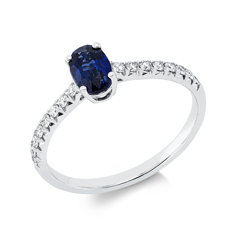 Image 90002772 - Ring 18 kt WG, 16 Brillanten 0,18 ct, TW-si, 1 Saphir 0,72 ct blau, ...