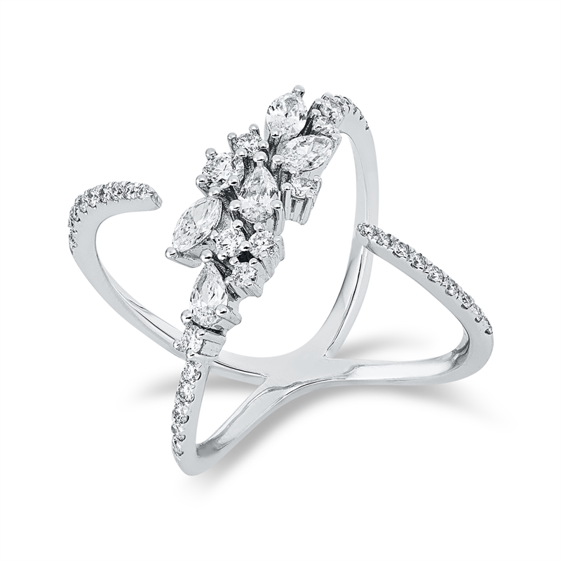 Image 90002789 - Ring 18 kt WG, 2 Tropfen 0,18 ct, TW-vsi, 3 Navette 0,29 ct, TW-vsi, 37 Brillanten 0,43 ...