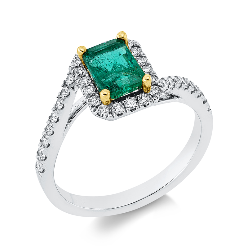 Image 90002822 - Ring 4er-Krappe 18 kt WG GG, 34 Brillanten 0,34 ct, TW-si, 1 Smaragd 0,95 ct grün, ...