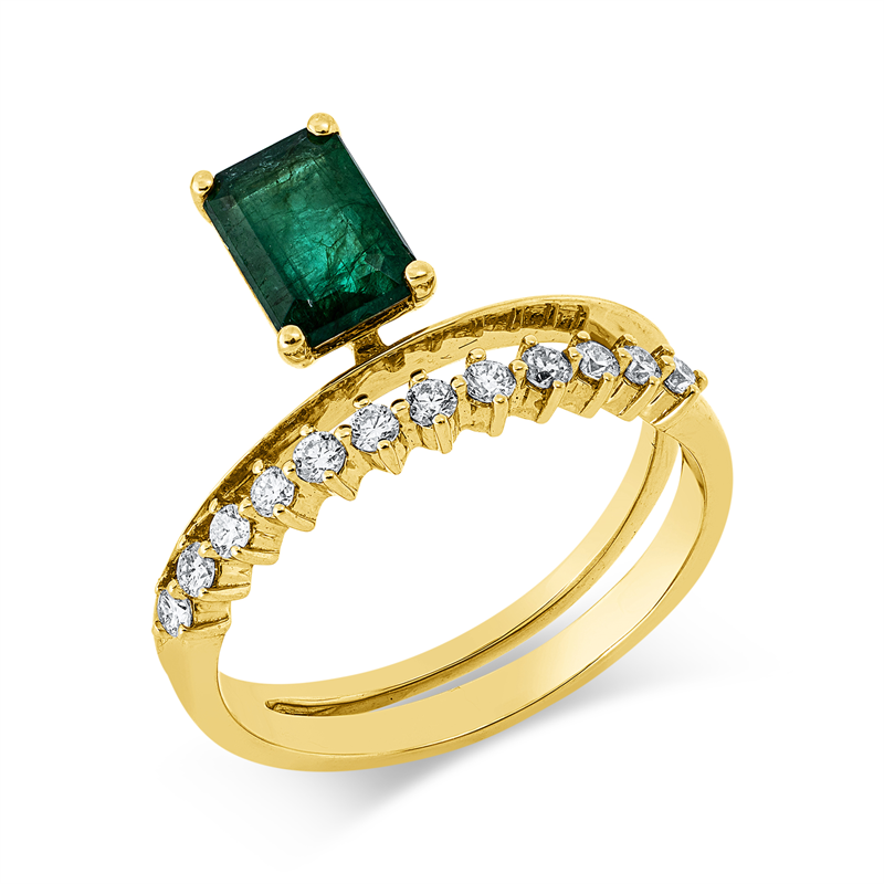 Image 90002823 - Ring 4er-Krappe 18 kt GG, 12 Brillanten 0,22 ct, TW-si, 1 Smaragd 0,97 ct grün, ...