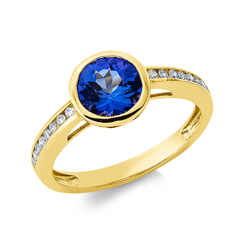 Image 90002836 - Ring 14 kt GG, 16 Brillanten 0,15 ct, TW-si, 1 Tansanit 1,56 ct blau, B:8,3 mm, ...