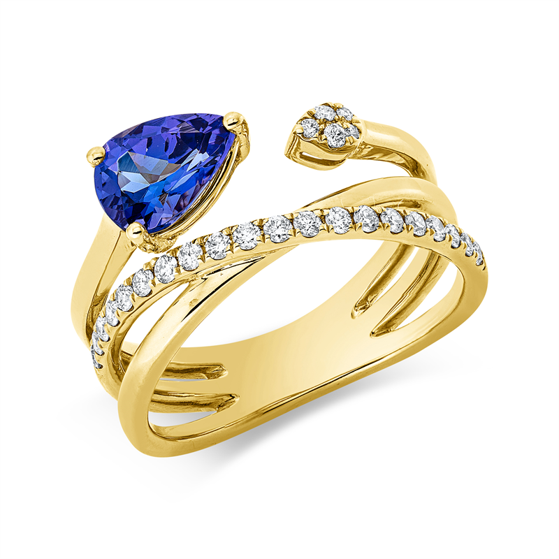 Image 90002837 - Ring 14 kt GG, 25 Brillanten 0,26 ct, TW-si, 1 Tansanit 1,07 ct blau, H:13,5 mm, B:8,6 ...