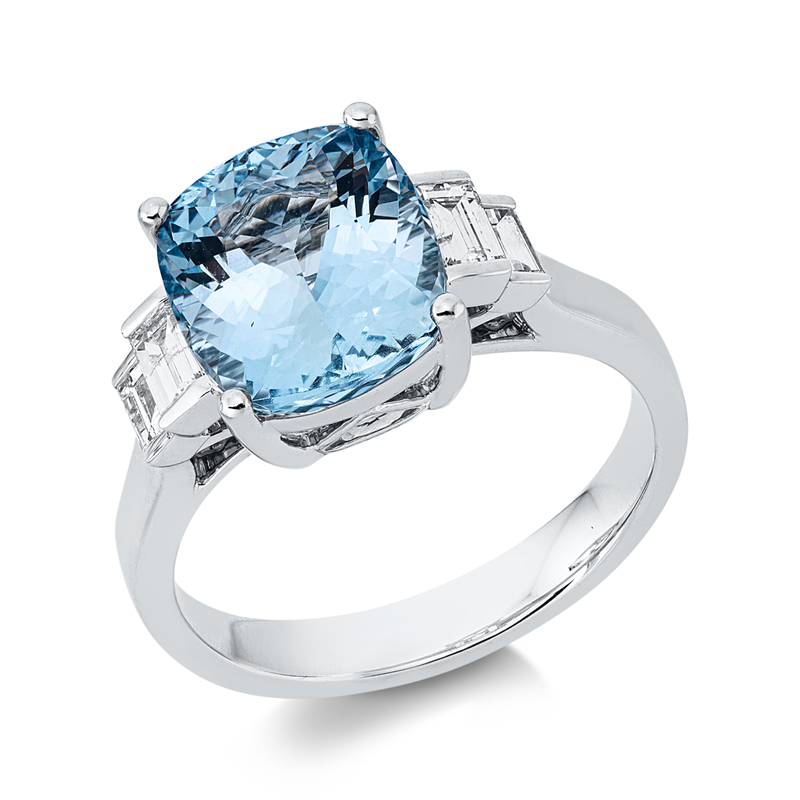 Image 90002839 - Ring 18 kt WG, 4 Baguette 0,36 ct, TW-si, 1 Aquamarin 3,48 ct blau, H:14,6 mm, B:10,0 mm, ...