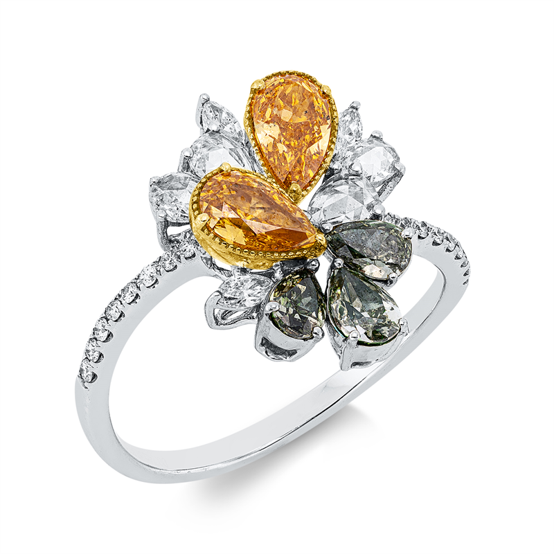 Image 90002864 - Ring 18 kt WG GG, 3 Navette 0,10 ct, TW-si, 4 Pear Rose 0,29 ct, TW-si, 17 Brillanten ...