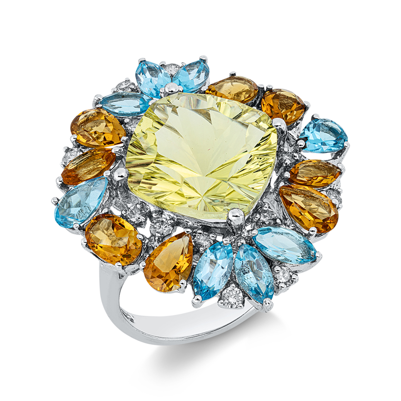 Image 90002869 - Ring 18 kt WG, 14 Brillanten 0,40 ct, W-si/pi, 8 Citrin 2,64 ct gelb, 1 Lemonquarz 8,20 ...