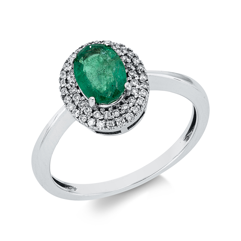 Image 90002994 - Ring 18 kt WG, 50 Brillanten 0,15 ct, F-si, 1 Smaragd 0,77 ct grün, H:9,1 mm, B:10,8 mm, ...