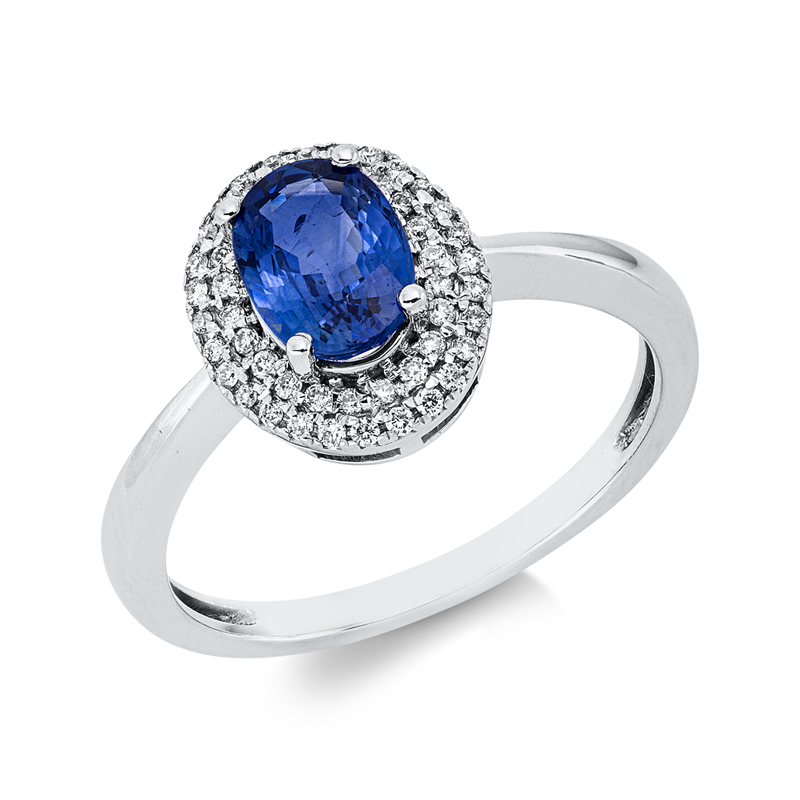 Image 90003005 - Ring 18 kt WG, 50 Brillanten 0,15 ct, F-si, 1 Saphir 0,99 ct blau, H:9,2 mm, B:10,8 mm, ...