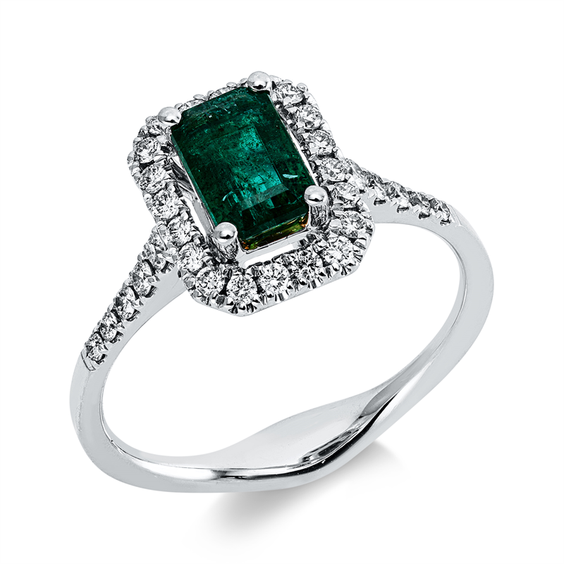 Image 90003009 - Ring 18 kt WG, 30 Brillanten 0,31 ct, I-si, 1 Smaragd 0,88 ct grün, ...