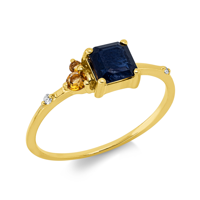 Image 90003106 - Ring 18 kt GG, 2 Diamanten 0,02 ct, TW-si, 2 Citrin 0,07 ct gelb, 1 Saphir 0,71 ct blau, ...