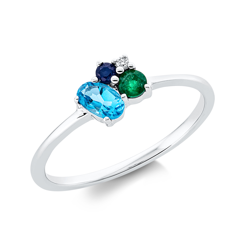 Image 90003108 - Ring 18 kt WG, 1 Brill. 0,01 ct, TW-si, 1 Smaragd 0,10 ct grün, 2 Saphire 0,05 ct blau, ...