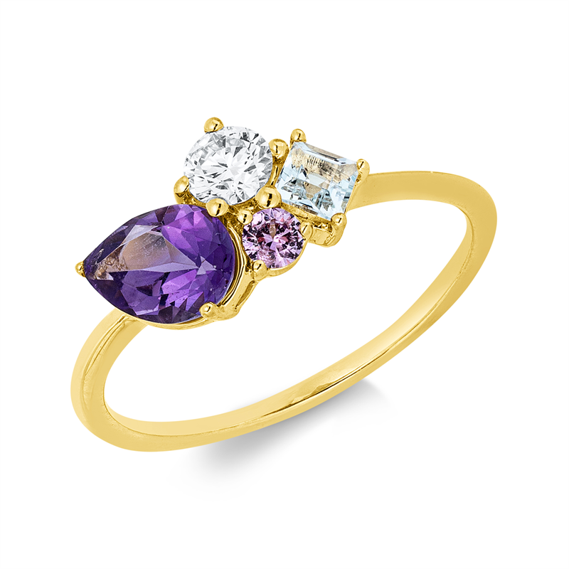 Image 90003130 - Ring 18 kt GG, 1 Brill. 0,18 ct, TW-si, 1 Aquamarin 0,22 ct blau, 1 Saphir 0,08 ct pink, ...