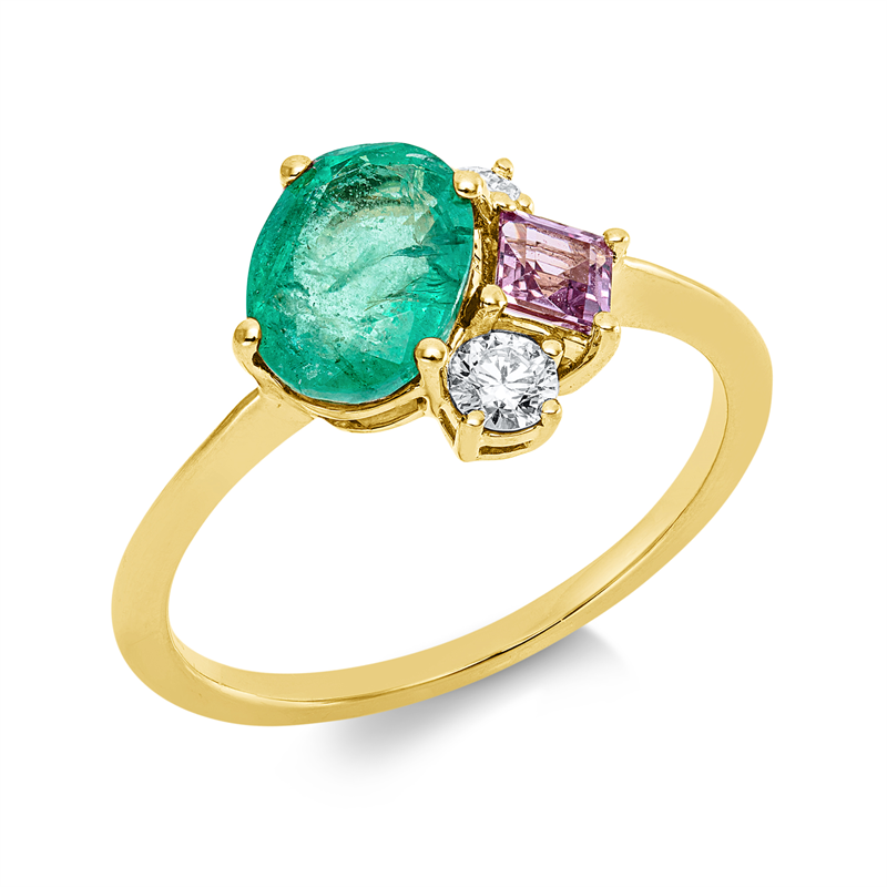 Image 90003157 - Ring 18 kt GG, 1 Brill. 0,11 ct, TW-si, 1 Brill. 0,05 ct, TW-si, 1 Smaragd 0,88 ct grün, ...