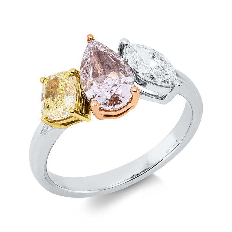 Image 90003171 - Ring 18 kt WG GG RG, GIA x 3 pcs, 1 Cushion 0,64 ct, gelb-vvs2, 1 Navette 0,51 ct, ...