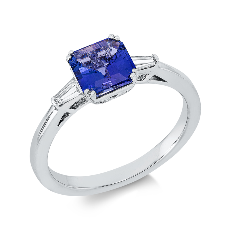Image 90003174 - Ring 18 kt WG, 4 Trapeze 0,10 ct, TW-si, 1 Tansanit 1,25 ct blau, H:12,7 mm, B:6,6 mm, ...
