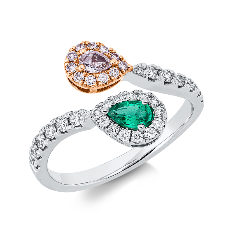 Image 90003180 - Ring 18 kt WG RG, 25 Brillanten 0,36 ct, TW-si, 1 Tropfen 0,12 ct, pink, 11 Brillanten ...