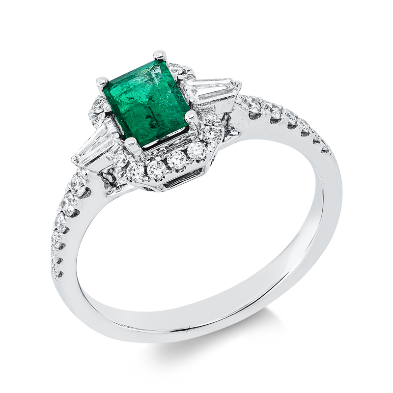 Image 90003181 - Ring 18 kt WG, 2 Trapeze 0,15 ct, TW-si, 26 Brillanten 0,26 ct, TW-si, 1 Smaragd 0,58 ct ...