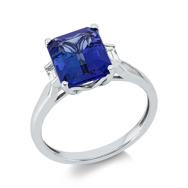 Image 90003182 - Ring 18 kt WG, 2 Baguette 0,15 ct, TW-si, 1 Tansanit 3,14 ct blau, H:10,7 mm, B:10,0 mm, ...